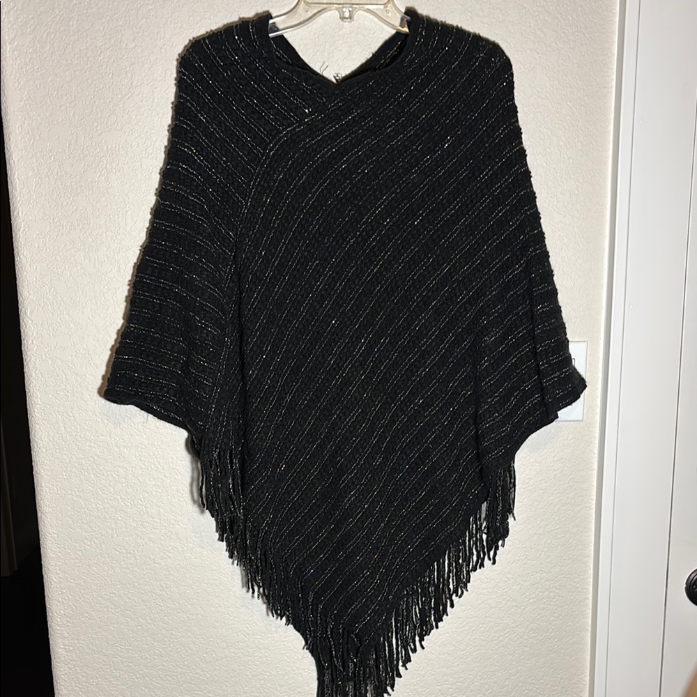 Boho Black‎ Fringe Poncho with Sparkles